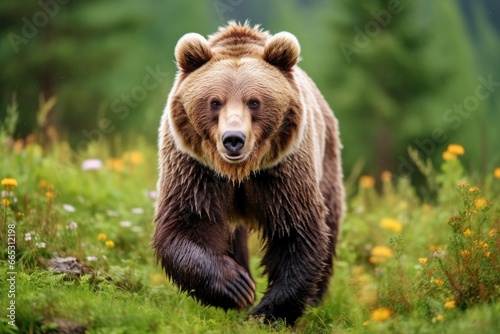 Brown bear moving on the green meadow in springtime nature.