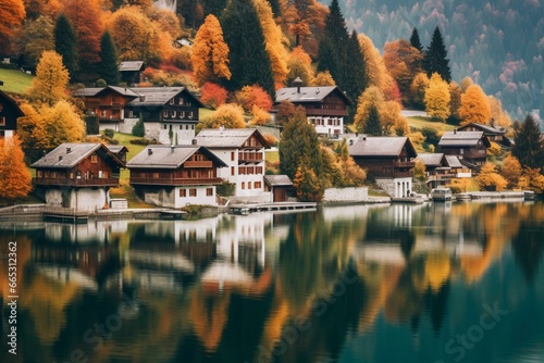 Charming village houses and serene lake in Switzerland with stunning autumn scenery. Travel and nature concept. Generative AI