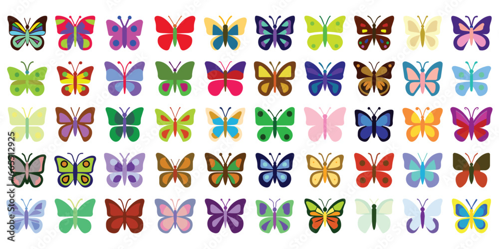 Obraz premium Set of Butterflies cartoon icon, decorative insect, butterfly logo, flat vector illustration isolated on white background 
