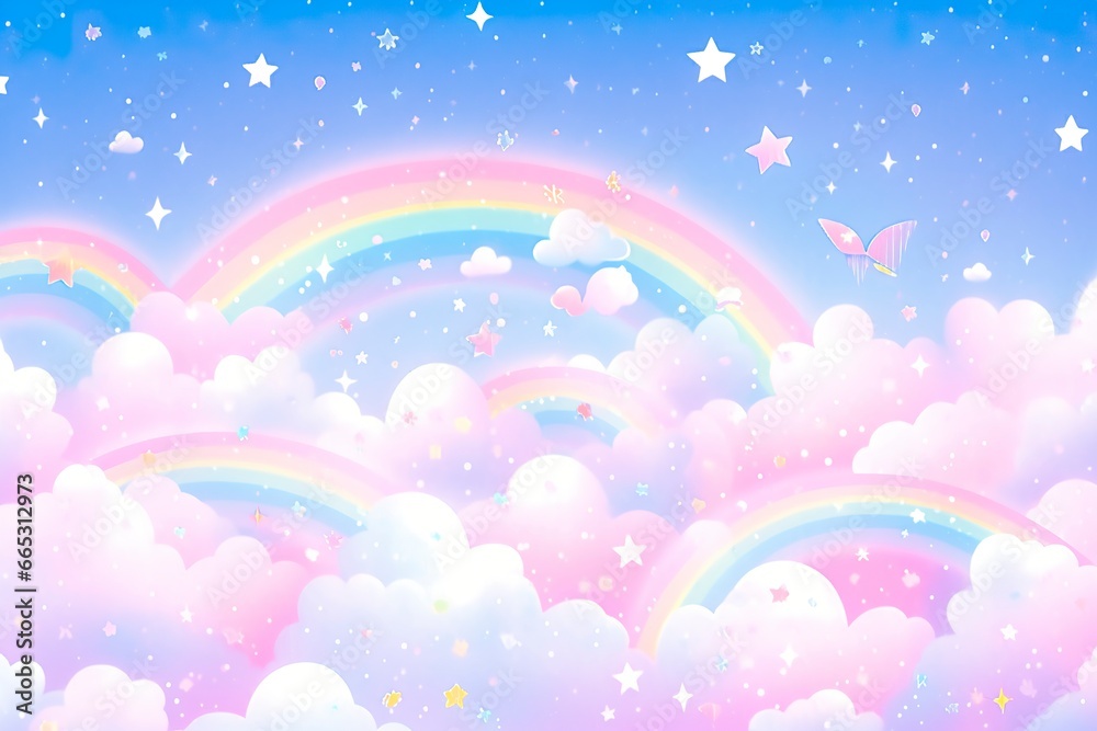 Fantasy sky rainbow. Fairy skies rainbows colors, magic landscape and dream sky.