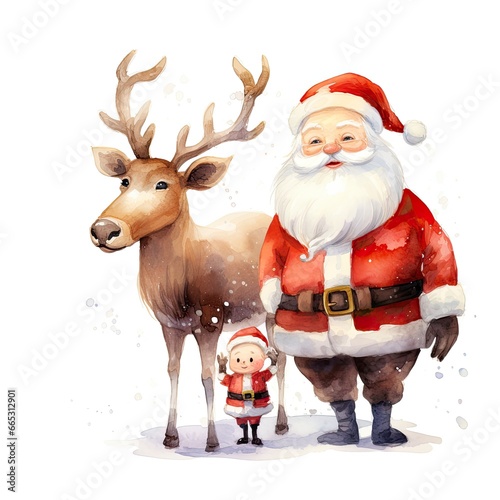 Cute Santa Claus standing with reindeer. © MdAbdul