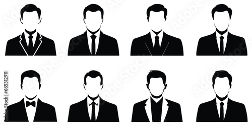 Set of businessman black silhouette in suit, vector illustration isolated on white background