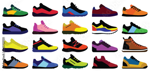 Set of sneakers different types  shoes for training  running shoe  sports shoes in detailed style  vector illustration isolated