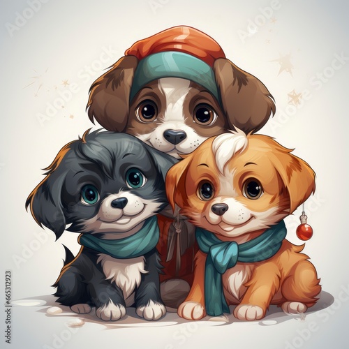Cute Puppies And Kittens In Elf Costumes Santas, Cartoon Illustration Background