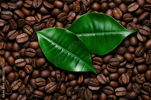 Green leaves with coffee beans as background.