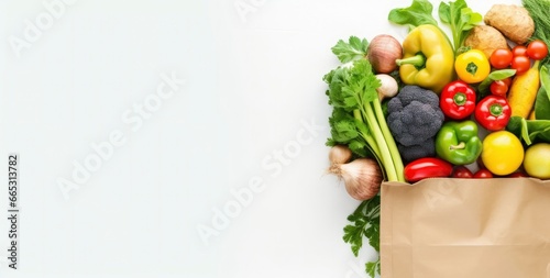Healthy food in paper bag vegetables and fruits on white background. © MdAbdul