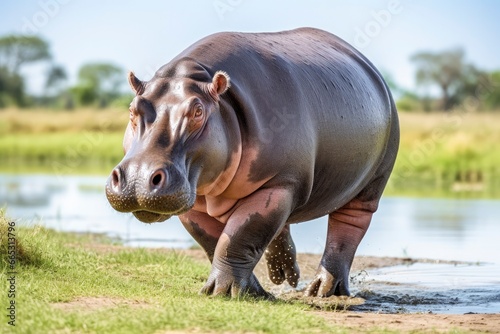 Hippopotamus Walking in a green field. © MdAbdul