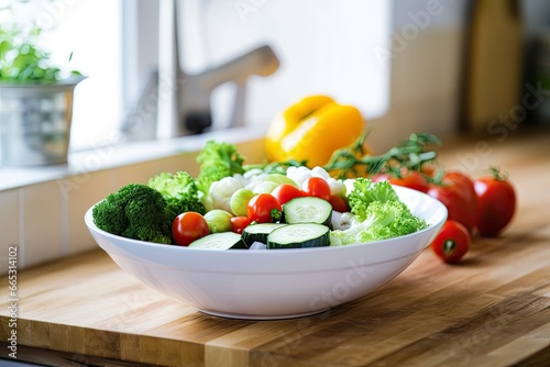 Kitchen still life with white bowl of washed vegetables on wooden desk.