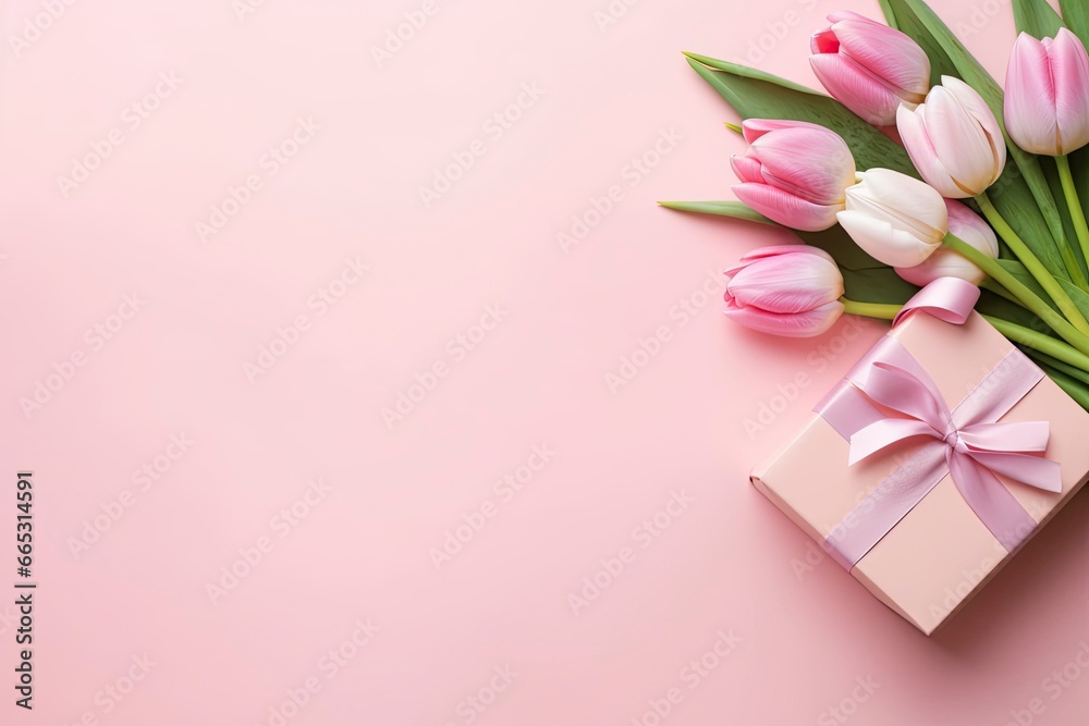 Pink gift box with ribbon bow and bouquet of tulips on isolated pastel pink background. - obrazy, fototapety, plakaty 