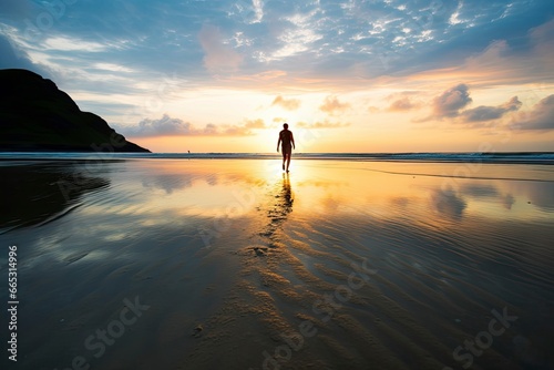 A person walking on the beach at sunset.