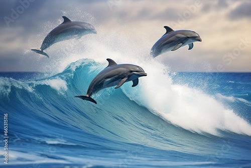 Playful dolphins jumping over breaking waves. Hawaii Pacific Ocean wildlife scenery.