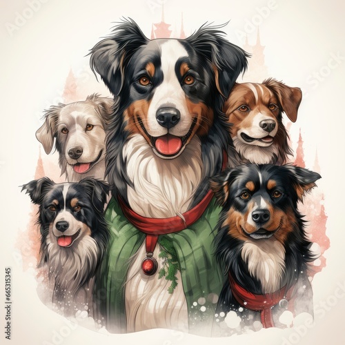 Dogs And Cats Spreading Holiday Cheer Festive Holiday, Cartoon Illustration Background © Moon Art Pic
