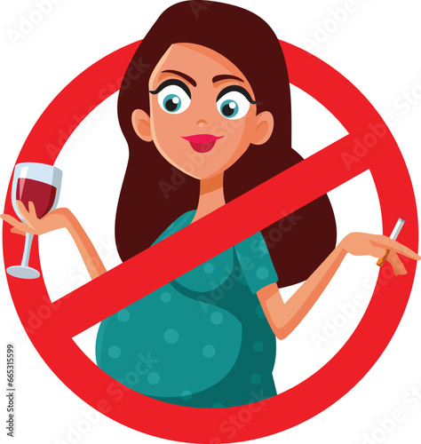 Unhealthy Habits Forbidden During Pregnancy Vector Cartoon Illustration. Mother to be not quitting her addictions for health reasons 

