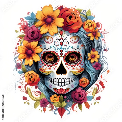 Woman sugar skull with beautiful colored flowers on white background.