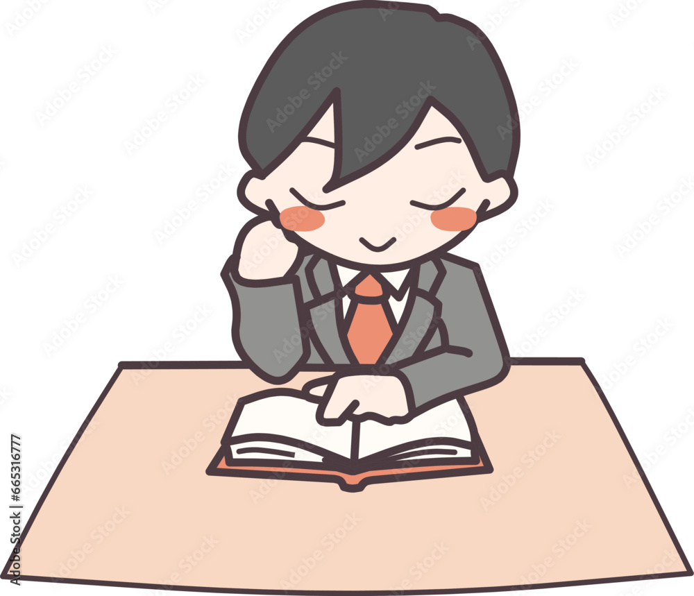 テーブルで読書する、可愛くデフォルメしたスーツの男性のカラーイラスト テーブルで読書する、可愛くデフォルメしたスーツの男性のカラーイラスト