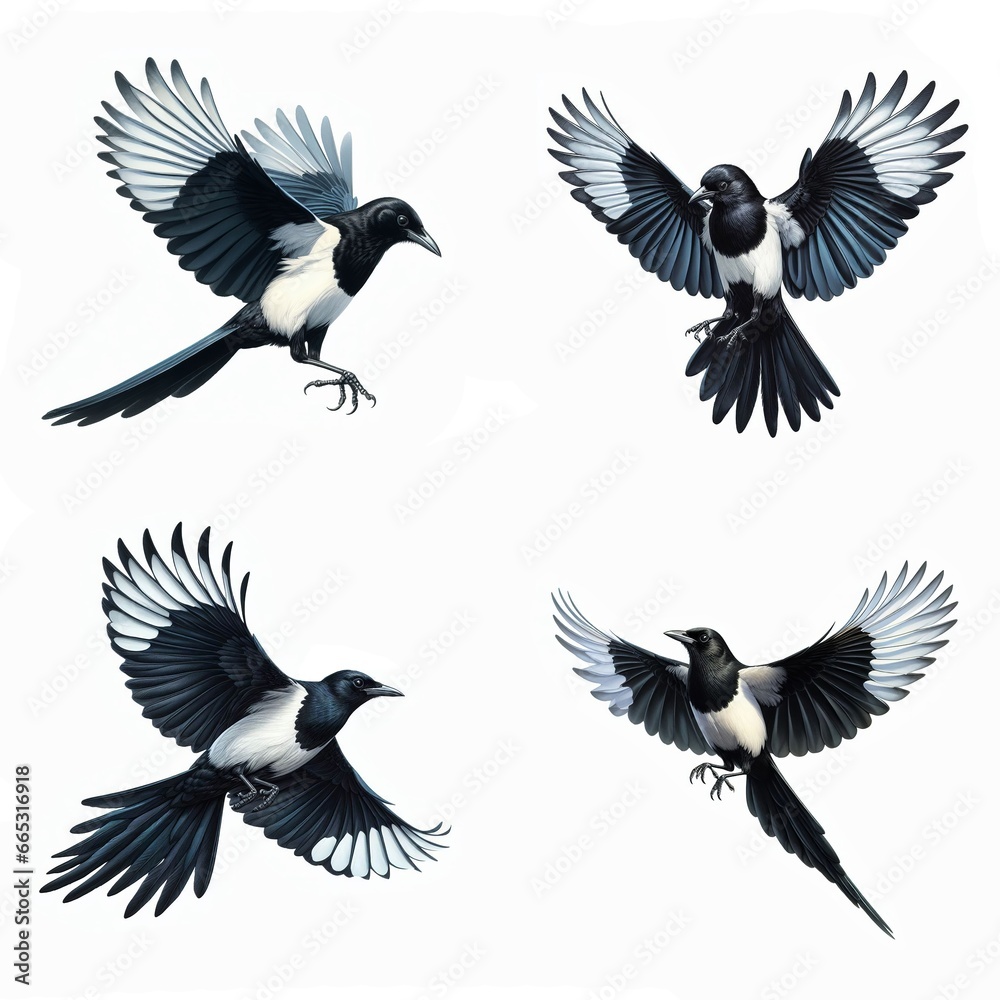 A set of Black-billed Magpies flying isolated on a white background A set of Black-billed Magpies flying isolated on a white background