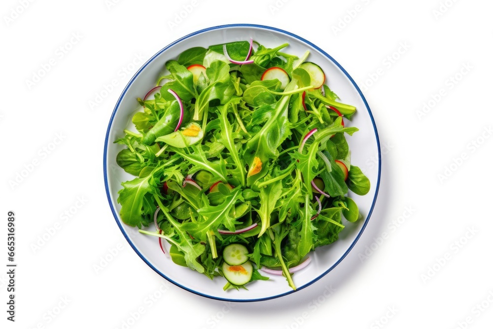 Healthy fresh green salad plate shot from above on white background. Healthy fresh green salad plate shot from above on white background.