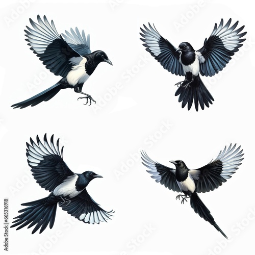 A set of male and female Black-billed Magpies flying isolated on a white background © Shoofly 3D