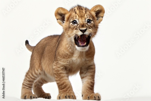 A lively lion cub standing up and roaring, against a white background with a shadow. Generative AI