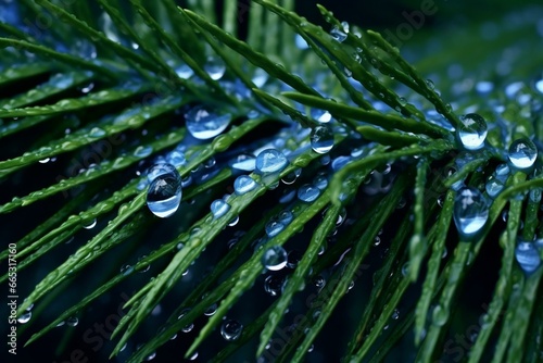 Shimmering evergreen sparkle: lavish shiny backdrop adorned with raindrops and close-up droplets in blue. Generative AI