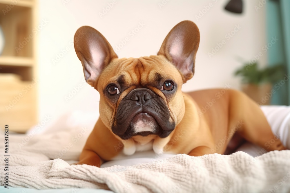 Cute French bulldog in a bedroom, closeup. Cute French bulldog in a bedroom, closeup.