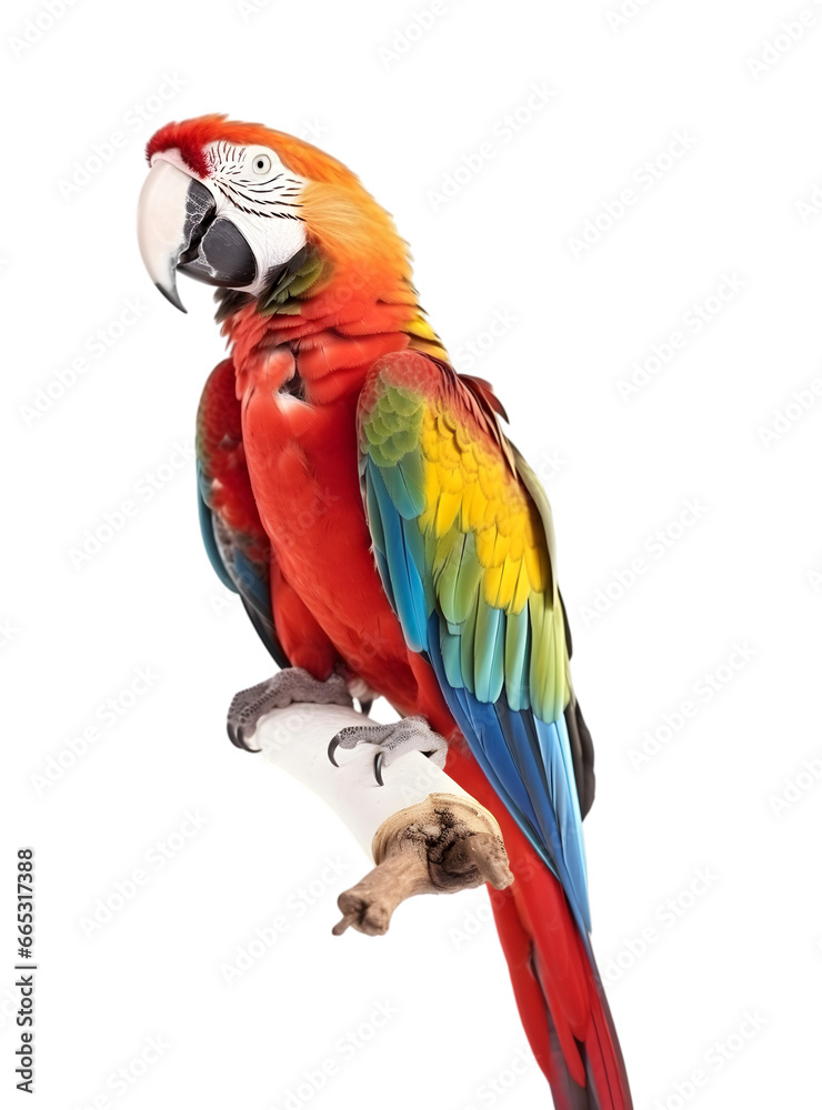 Close up of a beautiful scarlet Macaw isolated on transparent back ground.