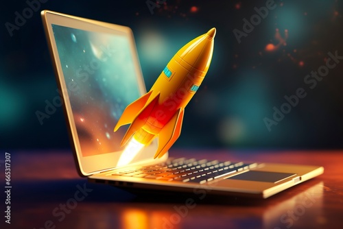 Launching a new product or service. Technology development process. Space rocket launch. 3d render. Yellow rocket lift up from the display laptop.