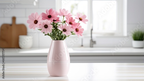 A white vase full of pink flowers is sitting on counter. © MdAbdul