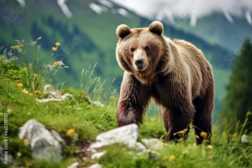 Brown bear moving on the green meadow in springtime nature. © MdAbdul