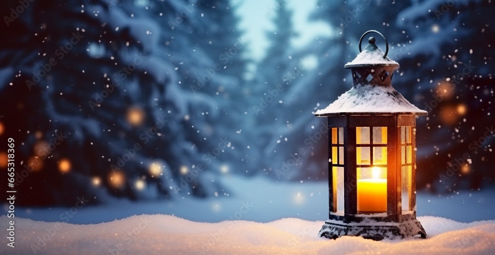 Christmas Lantern On Snow With Fir Branch In Evening Scene. Christmas Lantern On Snow With Fir Branch In Evening Scene.