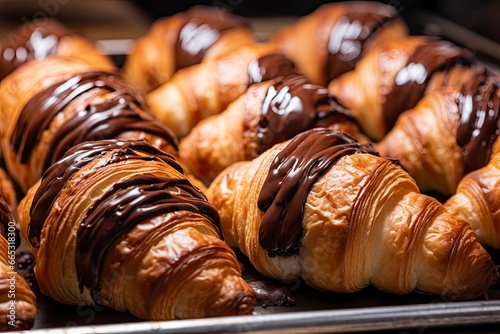 Chocolate croissants in bakery. © MdAbdul