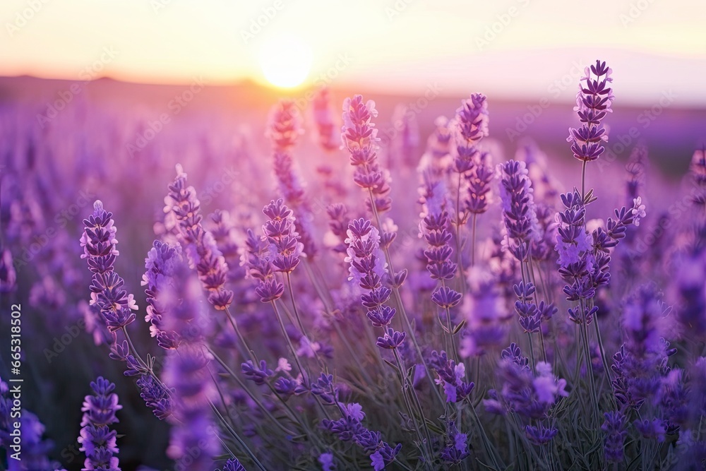 Naklejka premium Close up lavender flowers in beautiful field at sunset.