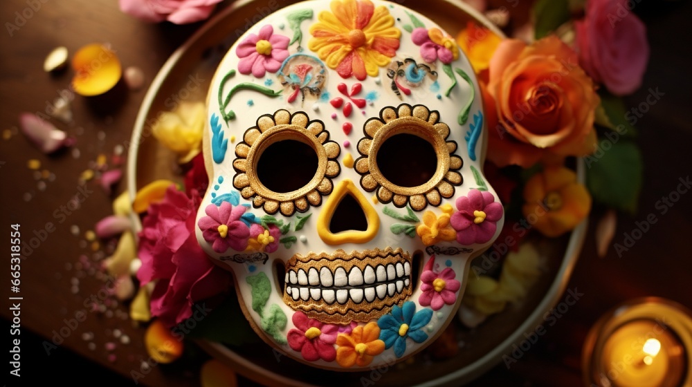 a sugar biscuit in the shape of a sugar skull decorated with sweets and edible flowers 