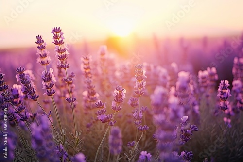 Close up lavender flowers in beautiful field at sunset. © MdAbdul