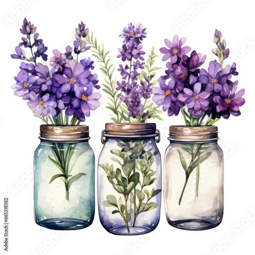 Collection of watercolor mason jars with purple flowers clipart. © MdAbdul