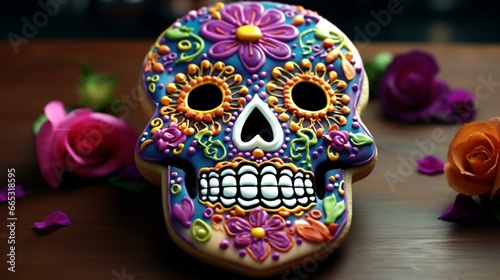 a sugar biscuit in the shape of a sugar skull decorated with sweets and edible flowers © Muqeet 