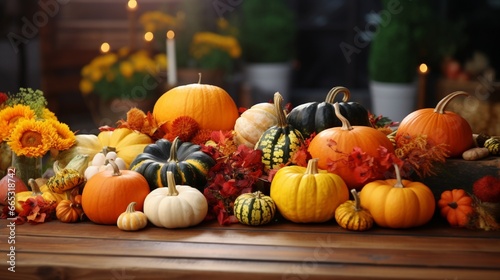 A table is decorated with several pumpkin types  exhibiting the vivid colors and varied shapes that make fall such a beautiful season.