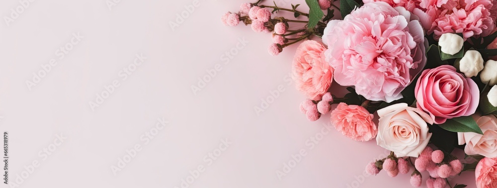 Fresh bunch of pink peonies and roses with copy space. - obrazy, fototapety, plakaty 