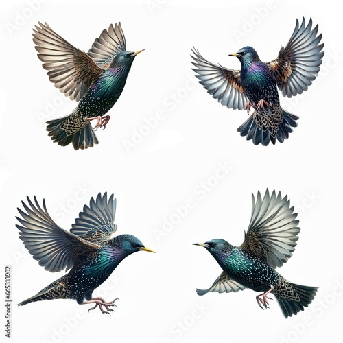 A set of male and female European Starlings flying isolated on a white background