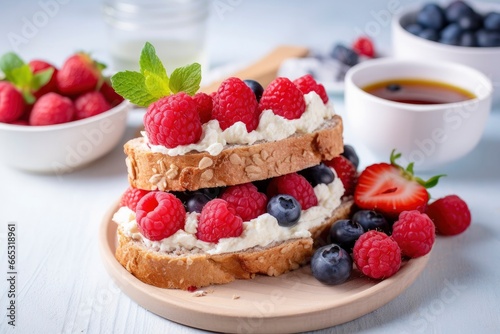 Fresh breakfast with Blueberry, Strawberry, raspberry ricotta rye sandwiches.