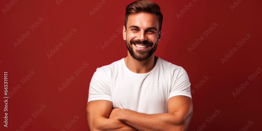 Happy Muscular Man in White T-Shirt Posing against Red Studio Background