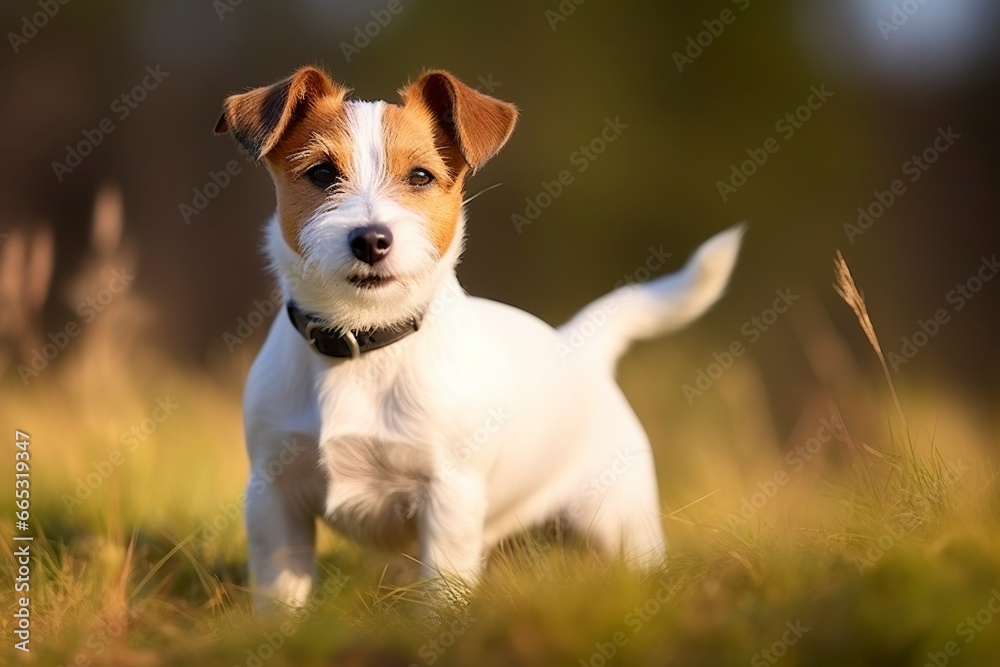 Happy jack russell terrier pet dog waiting, listening in the grass.