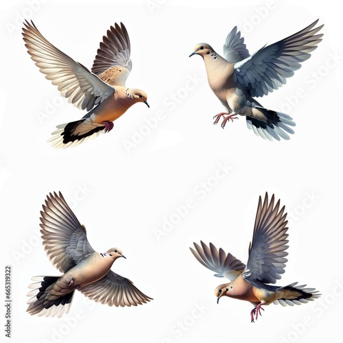 A set of Mourning Doves flying isolated on a white background