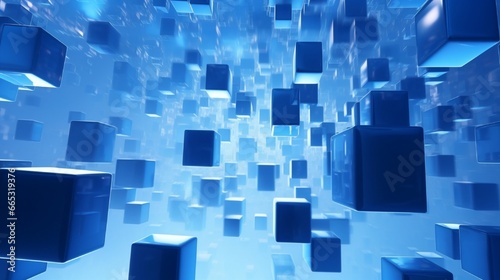 abstract background in three dimensions. Levitating in the air are blue metal cubes. copy area. 3D modeling 