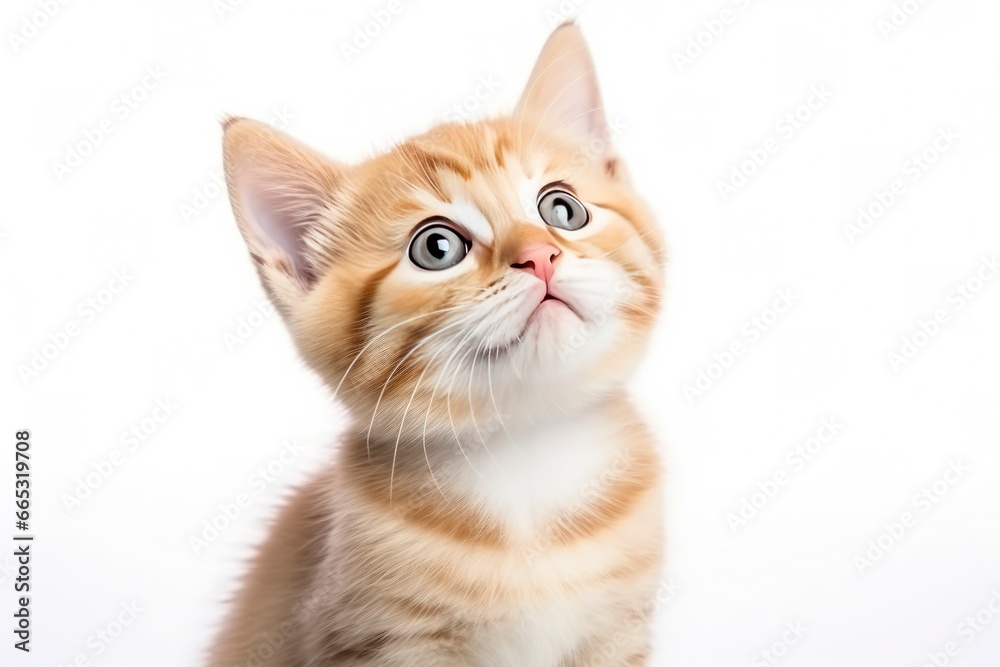 Playful funny kitten looking up isolated on a white background.