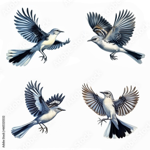 A set of male and female Northern Mockingbirds flying isolated on a white background