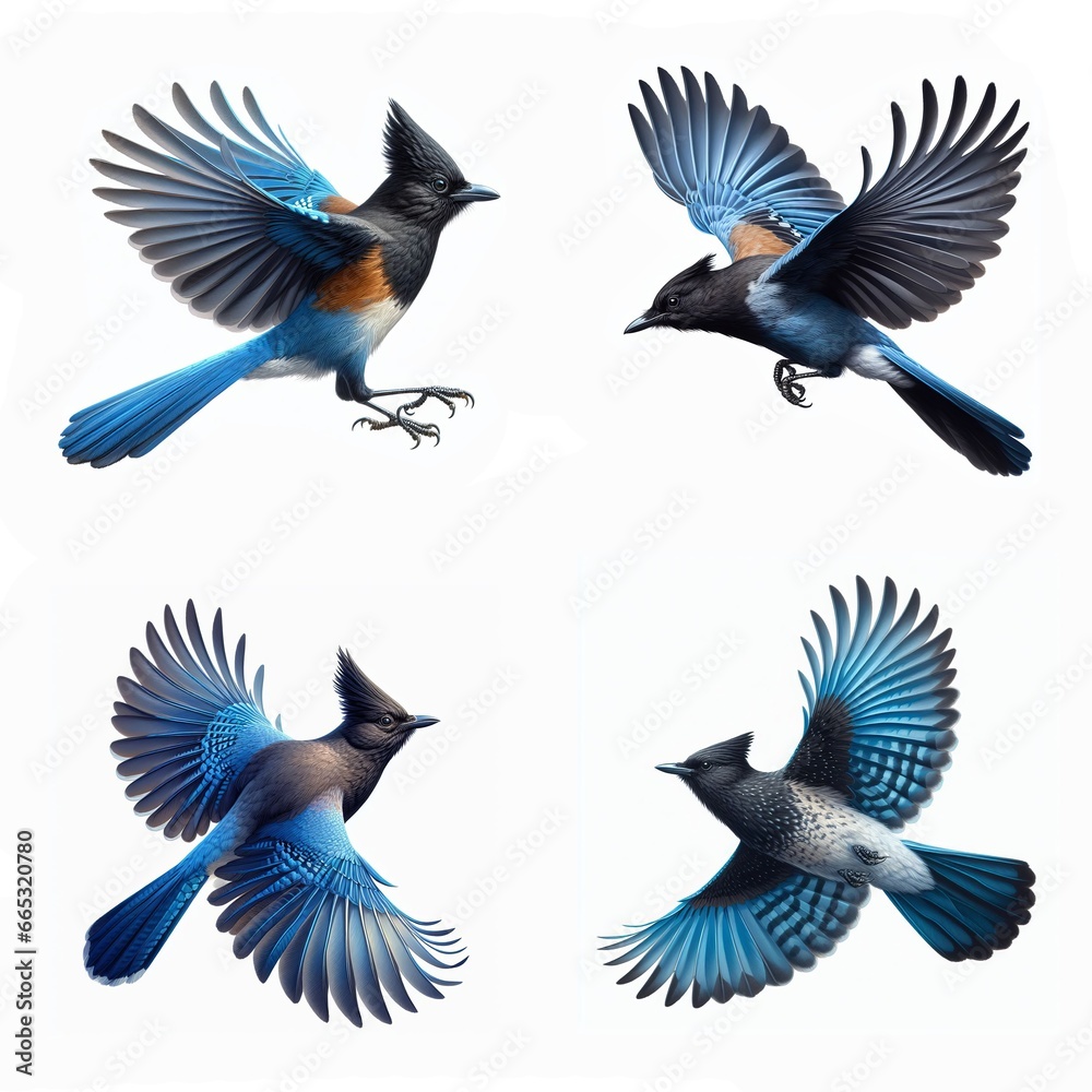A set of Steller's Jays flying isolated on a white background A set of Steller's Jays flying isolated on a white background