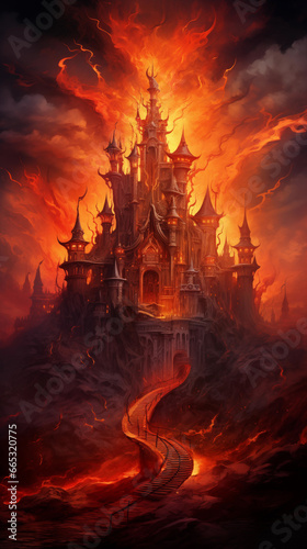 fantasy fire castle in epic evil burning hellscape