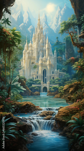 white fantasy castle in epic fairytale jungle landscape with waterfalls and river © Ricky
