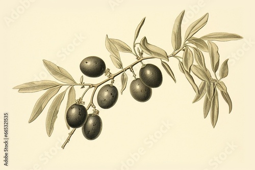 Vintage engraving depicting olive  a drupe fruit commonly used for oil  fruits  and fine wood. Generative AI